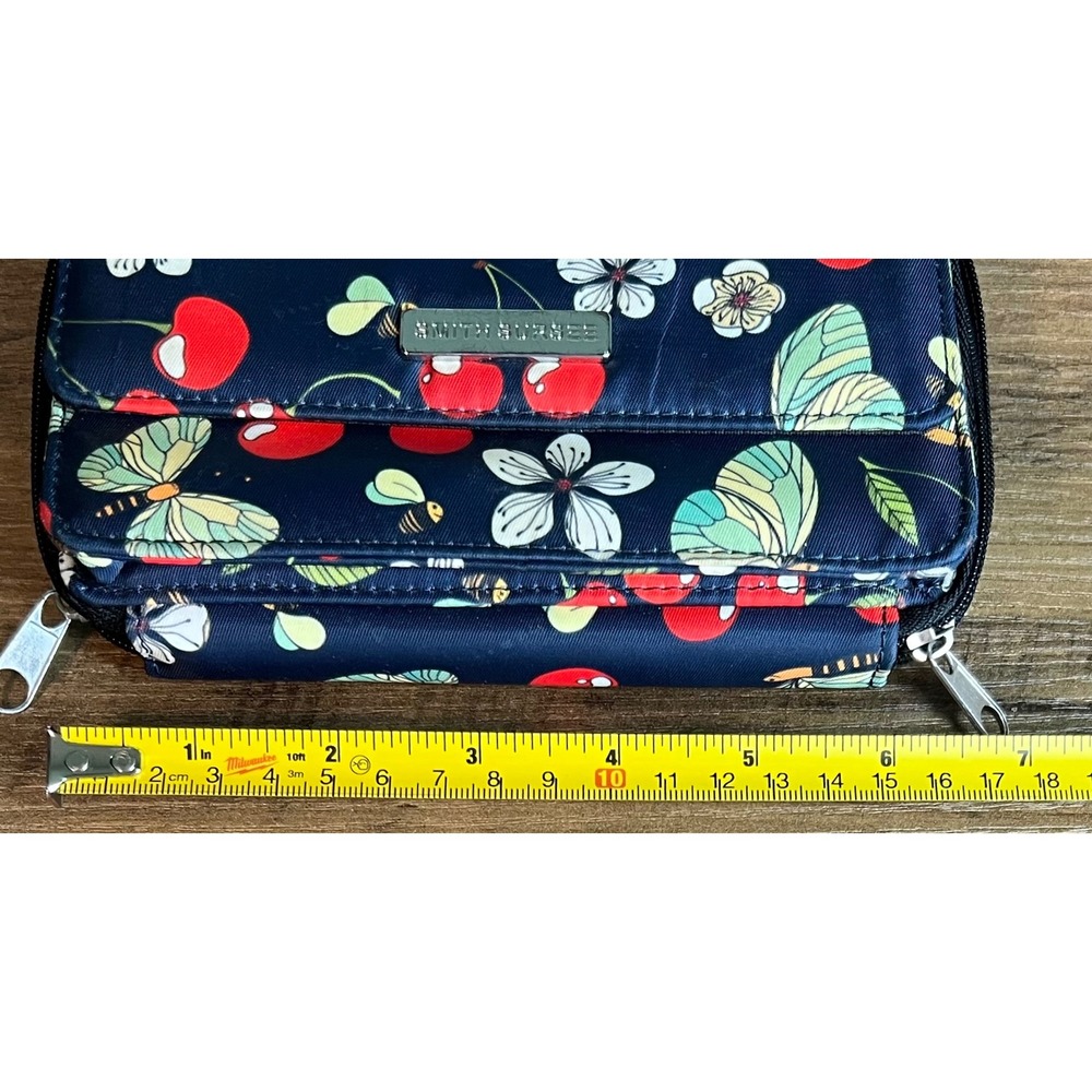 Smith & Skee Navy Blue Cherry Butterfly Print Nylon Wristlet Wallet Organizer - Picture 4 of 5
